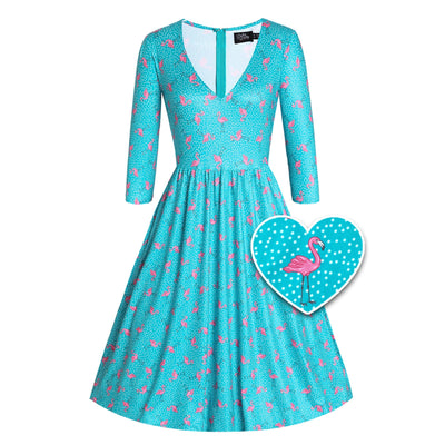 Image of Dolly and Dotty Bille Long Sleeved Dress in turquoise with pink flamingo print-front