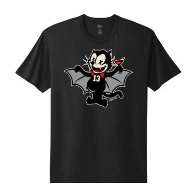 Image of black mens t-shirt with black cat with wings drinking martini