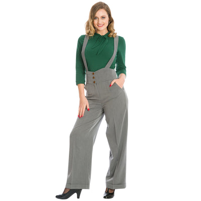 image of a tall lady wearing grey retro overalls